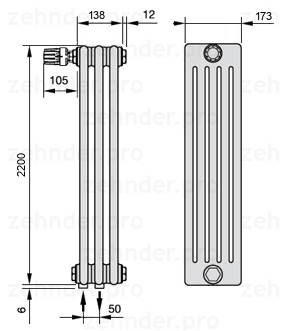 Схема (чертеж) Радиатор Zehnder Charleston 5220/3 №V007 Белый глянцевый RAL 9016